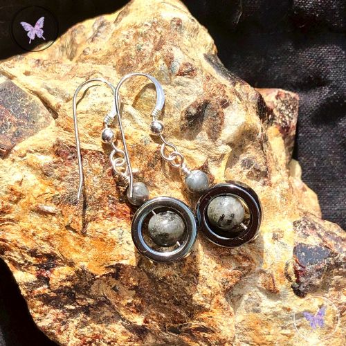 Larvikite & Hematite Circle Earrings